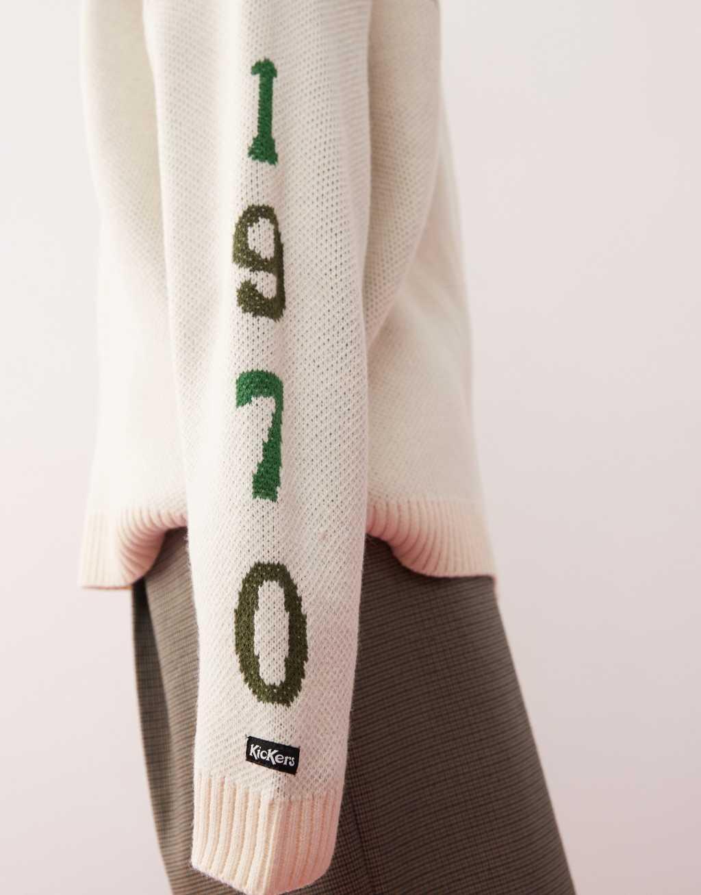 Kickers relaxed knitted sweater with green black 1970 logo in cream Product Image