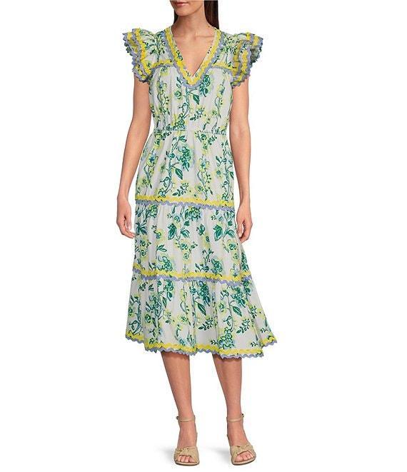 SAIL to SABLE x Style Charade Floral Print V-Neck Flutter Sleeve Midi Dress Product Image