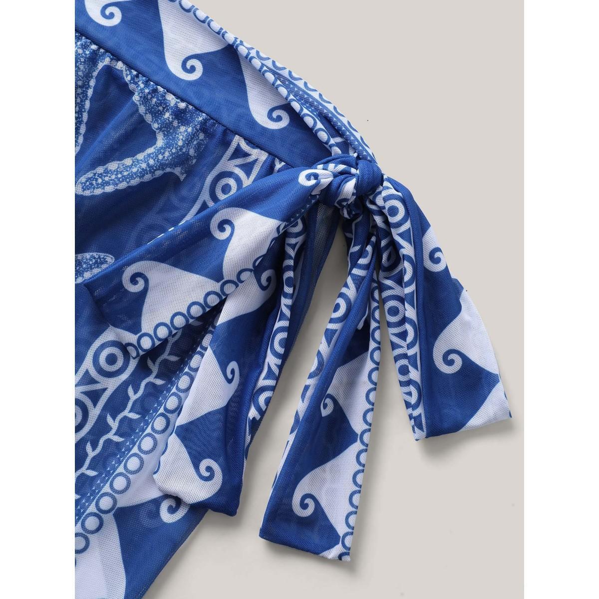 Plus Size Two-Piece Ocean Print Swimsuit Women's Swimwear Mediumblue Beach Tie knot Curve Bathing Suits High stretch One Pieces BloomChic 26/4X Product Image