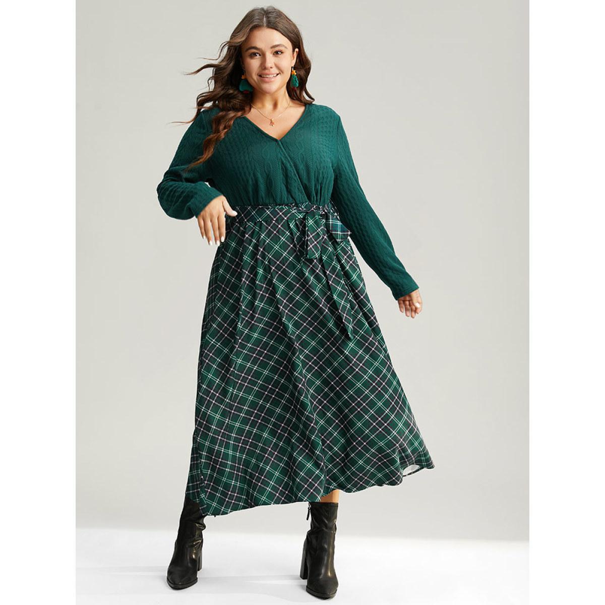 Plus Size Christmas Plaid Wrap Belted Cable Knit Dress Emerald Women Office Texture Overlap Collar Long Sleeve Curvy Midi Dress BloomChic 18-20/2X Product Image