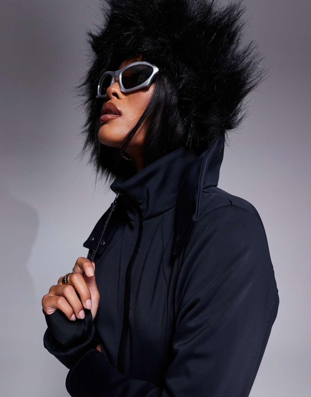 4505 Petite Ski belted ski suit with slim kick legs and faux fur hood in black  Product Image