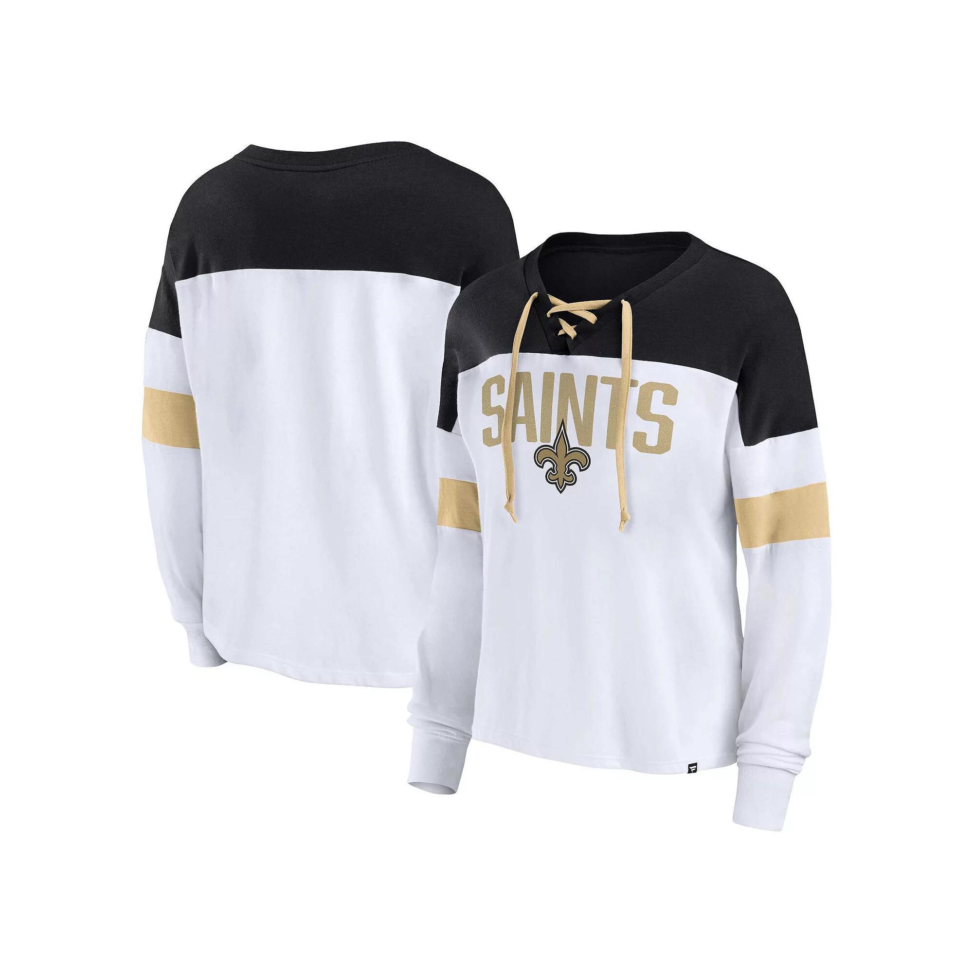 Women's Fanatics Branded White/Black New Orleans Saints Plus Size Even Match Lace-Up Long Sleeve V-Neck T-Shirt, Size: 1XL Product Image