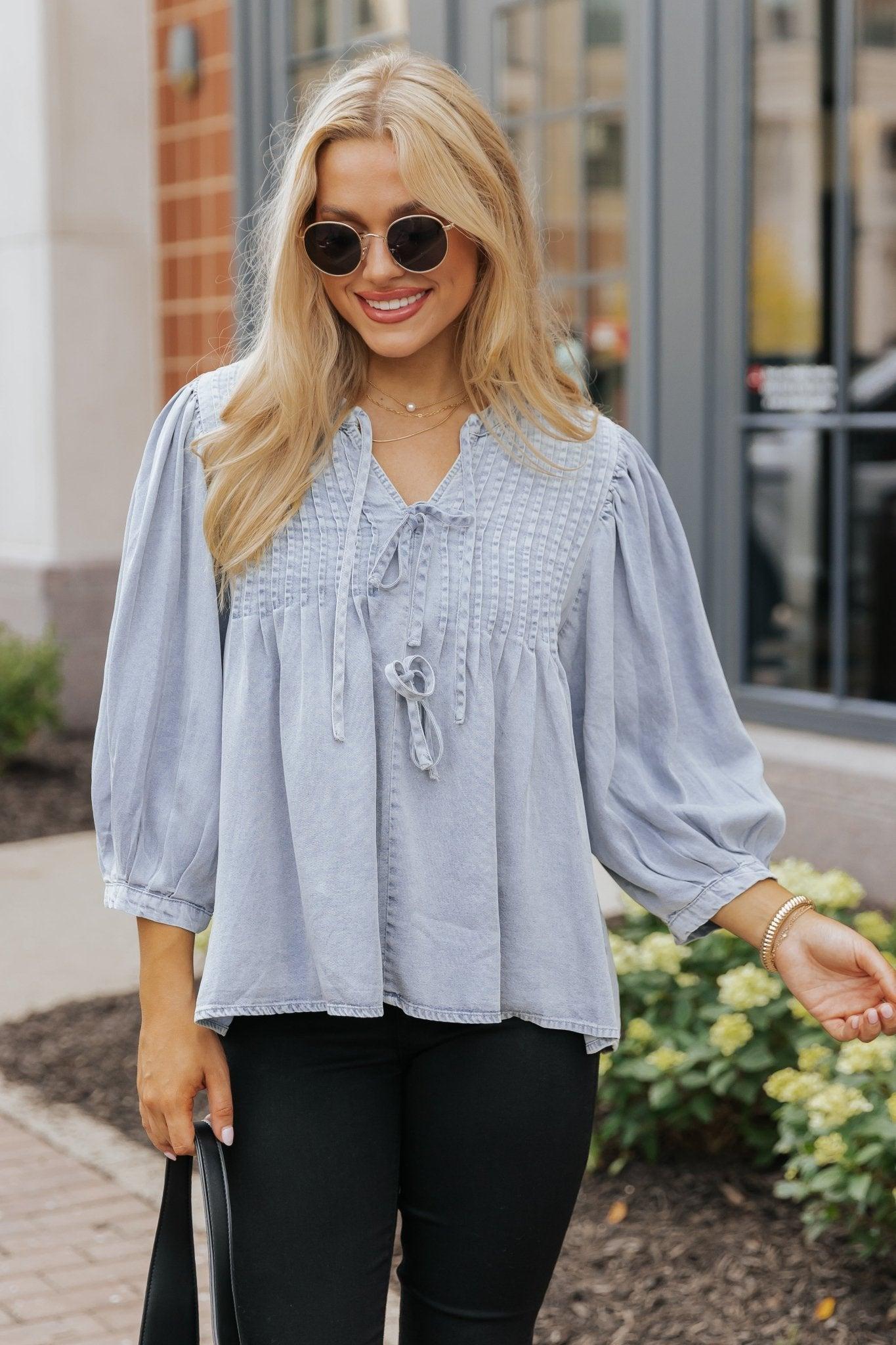 Denim Tie Detail Textured Top - FINAL SALE Female Product Image