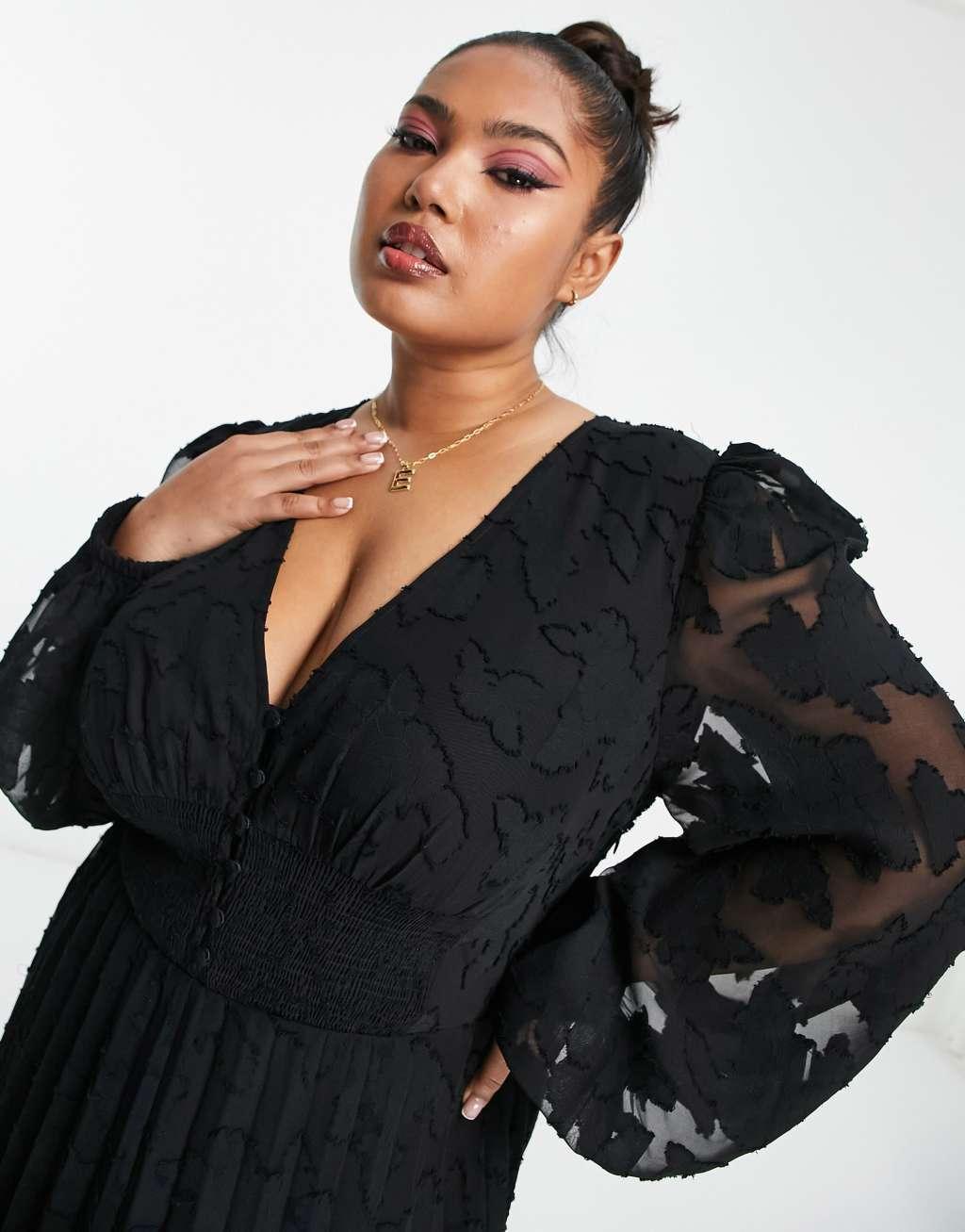 ASOS DESIGN Curve burnout button through shirred waist pleated midi dress Product Image