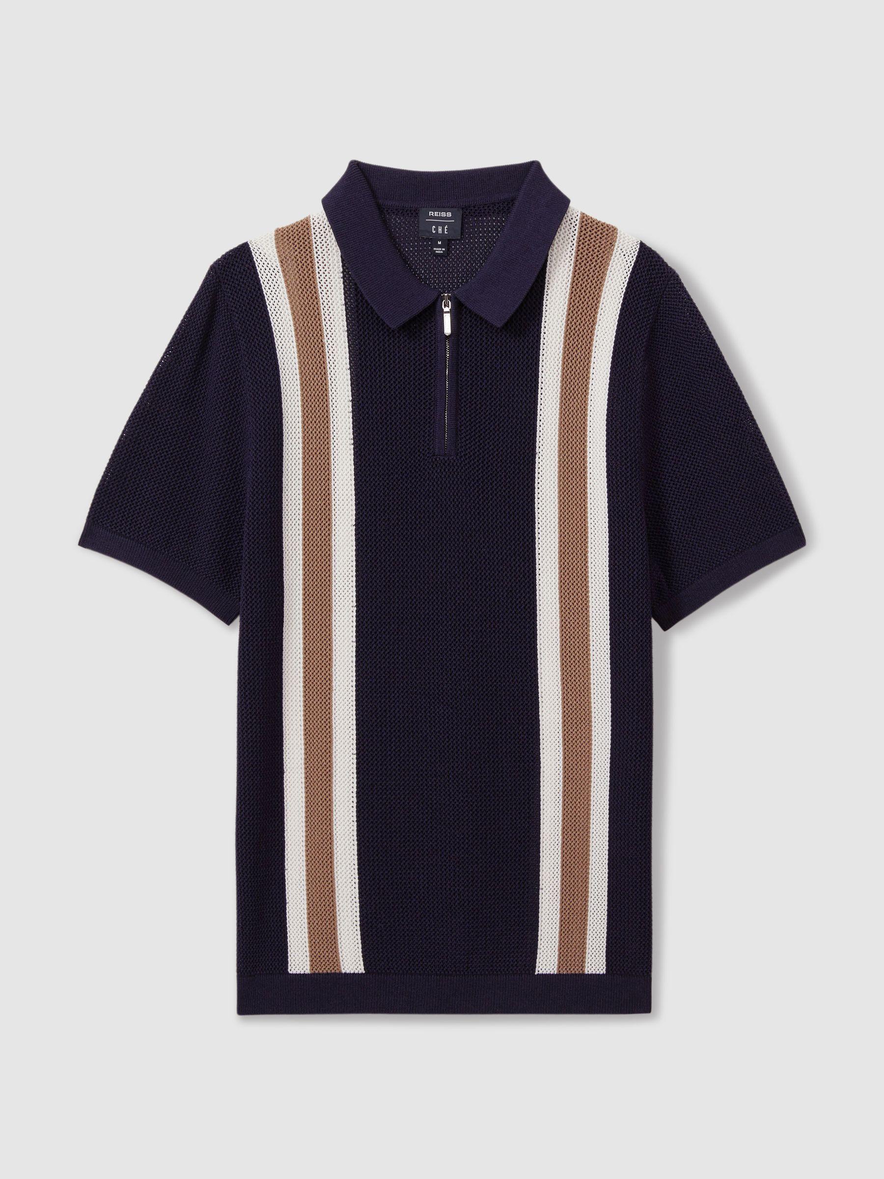 Ché Knitted Contrast Stripe Half-Zip Zip Polo Shirt in Navy/Camel Product Image