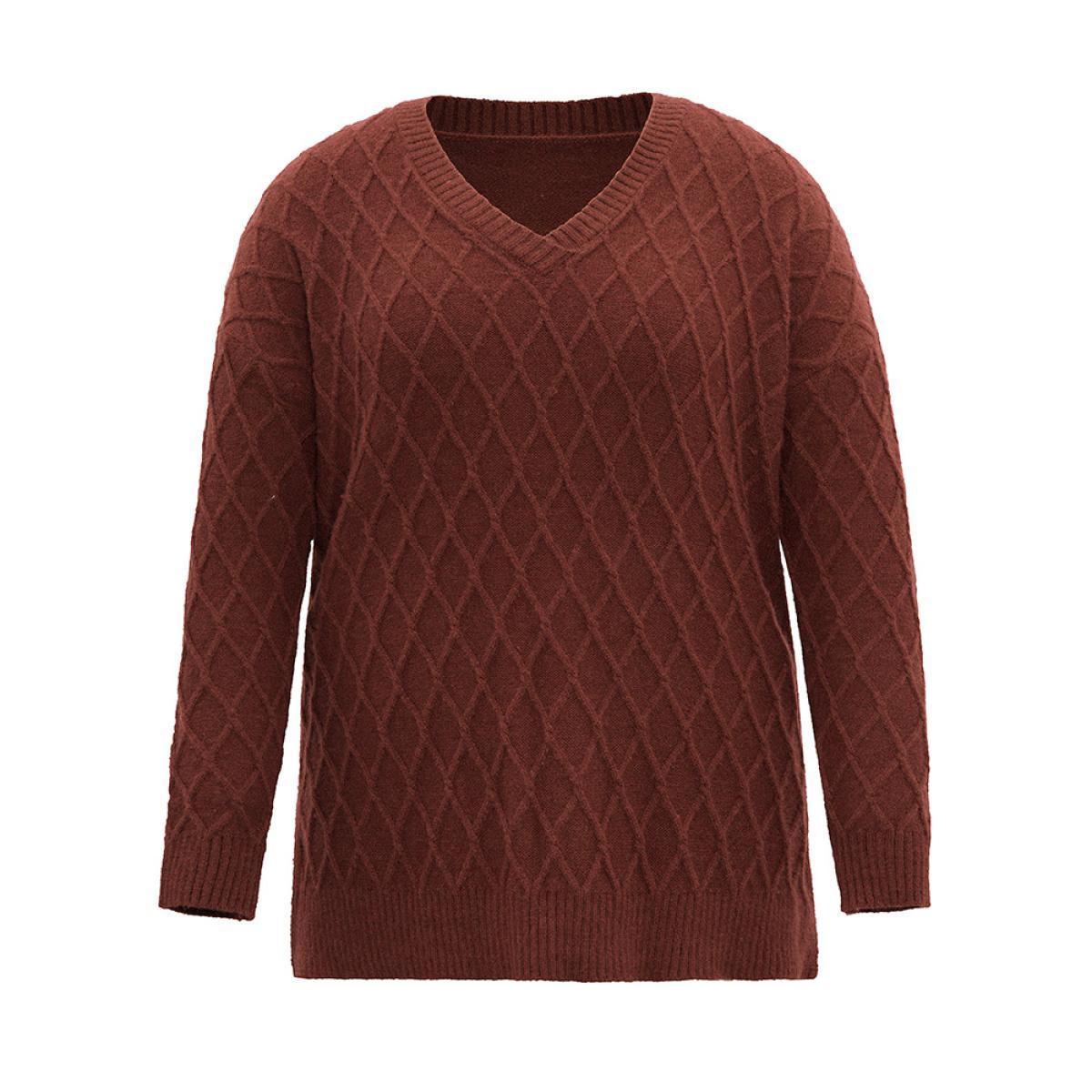 Plus Size Supersoft Essentials V Neck Solid Split Side Cable Knit Pullover Scarlet Women Casual Loose Long Sleeve V-neck Everyday Pullovers BloomChic 22-24/3X Product Image
