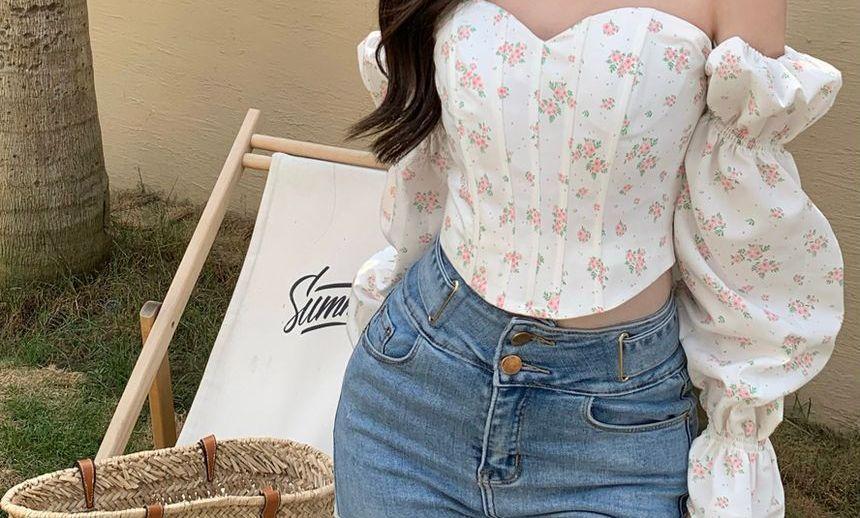 Long-Sleeve Off-Shoulder Floral Print Corset Top Product Image