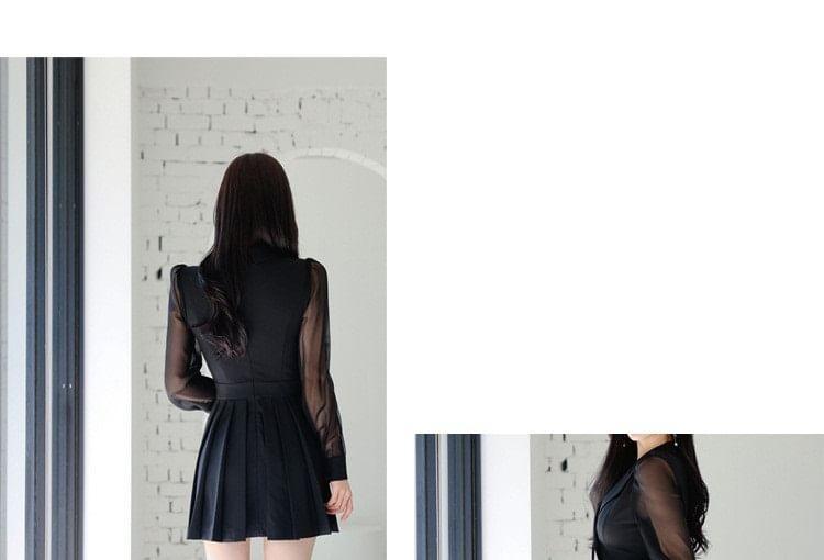 Long-Sleeve Plain Pleated Double-Breasted Mini A-Line Blazer Dress Product Image