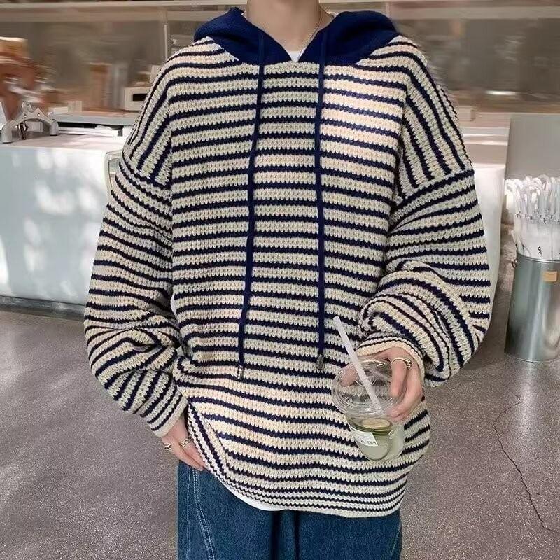 Striped Drawstring Knit Hoodie Product Image