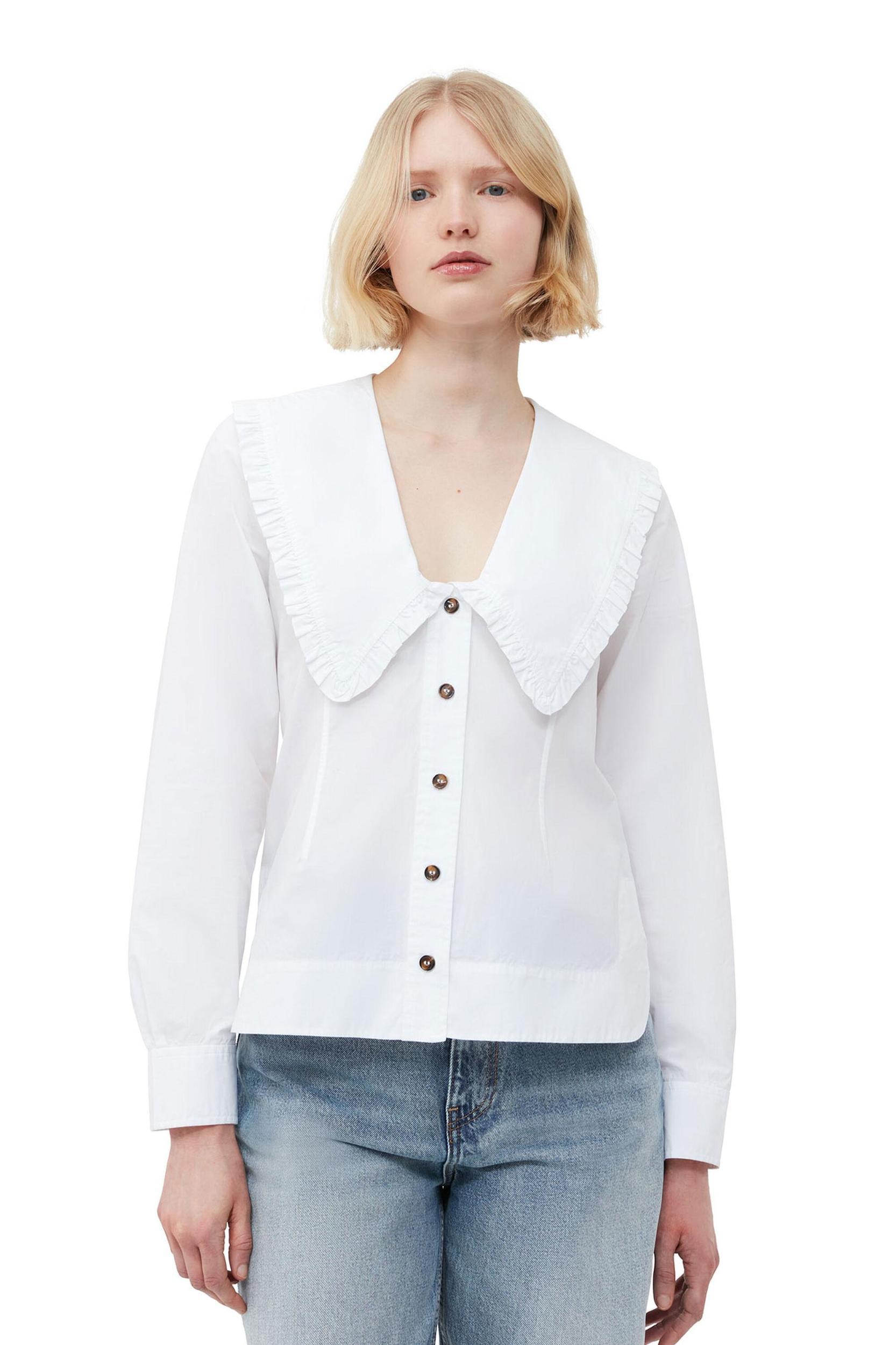 Cotton Poplin V-neck Frill Collar Shirt Product Image