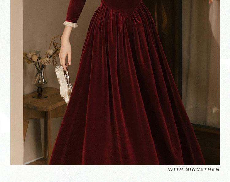 3/4-Sleeve Square Neck Frill Trim Velvet Midi A-Line Dress Product Image