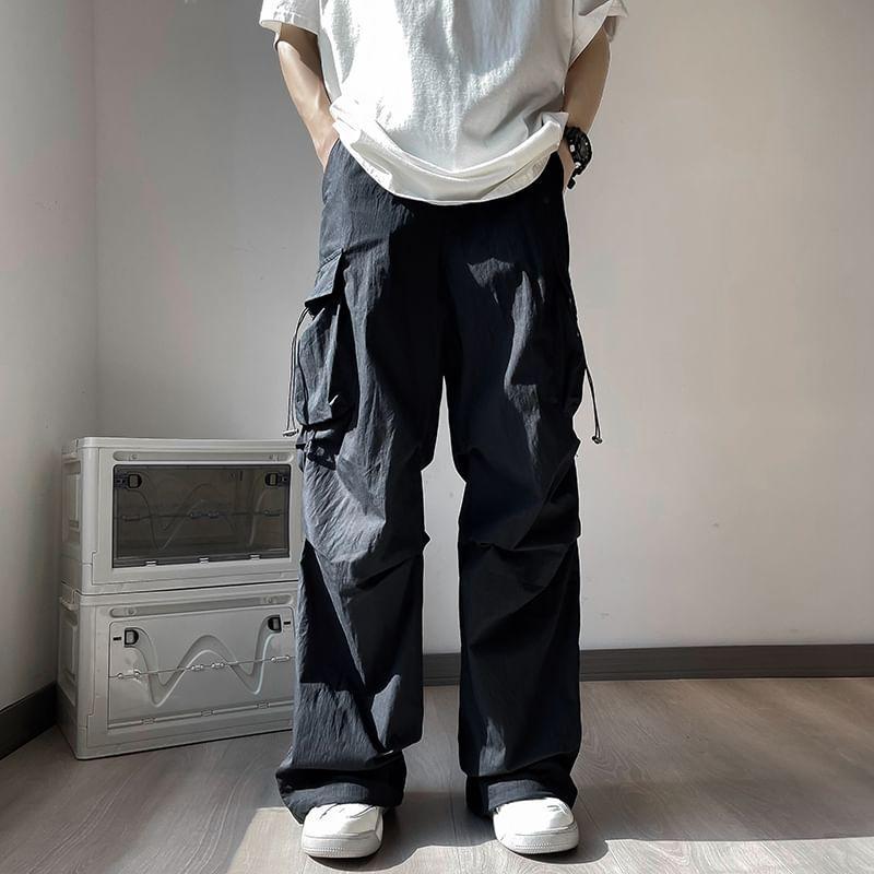 Mid Rise Plain Wide Leg Cargo Parachute Pants Product Image