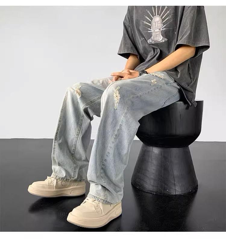 Drawstring Waist Washed Distressed Loose Fit Jeans Product Image