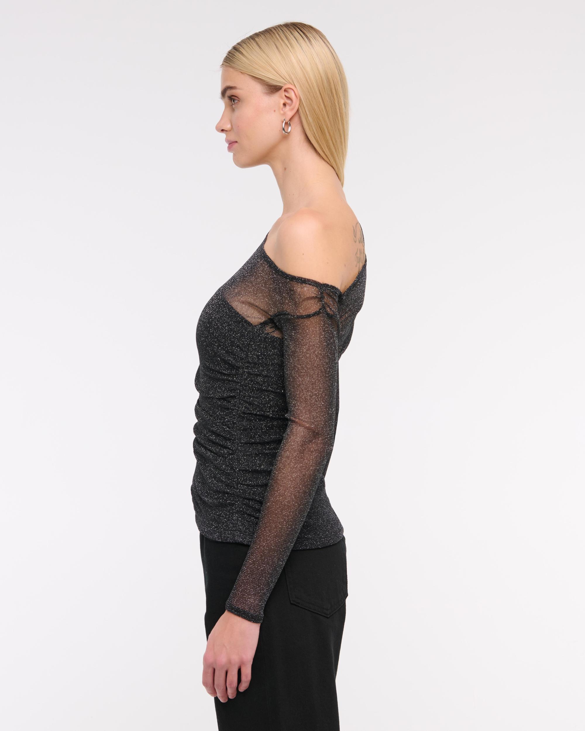 Long-Sleeve Velvet Asymmetrical Draped Top Product Image