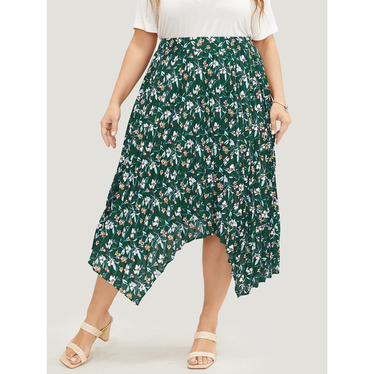 Plus Size Ditsy Floral Pleated Hanky Hem Skirt Women DarkGreen Elegant Asymmetrical No stretch Dailywear Skirts BloomChic 26/4X Product Image