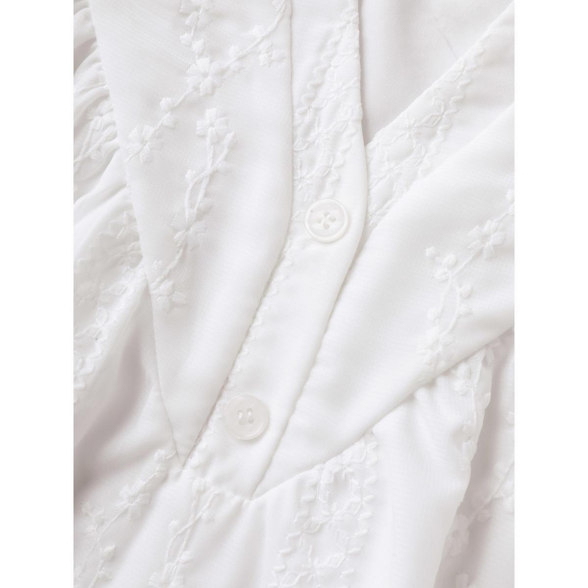 Plus Size Beige Embroidered Notched Collar Sheer Blouse Women Short sleeve Flat collar with V-notch Vacation Blouses BloomChic 22-24/3X Product Image