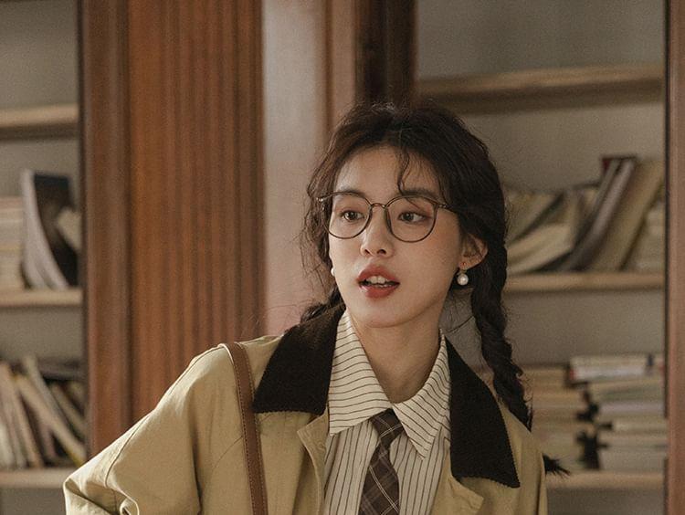 Contrast Corduroy Collar Button Trench Coat Product Image