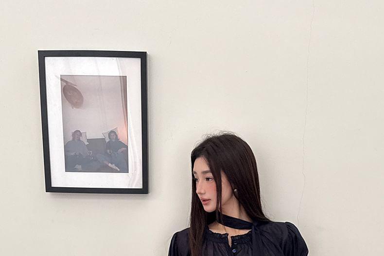 Long-Sleeve Plain Frill Trim Blouse Product Image