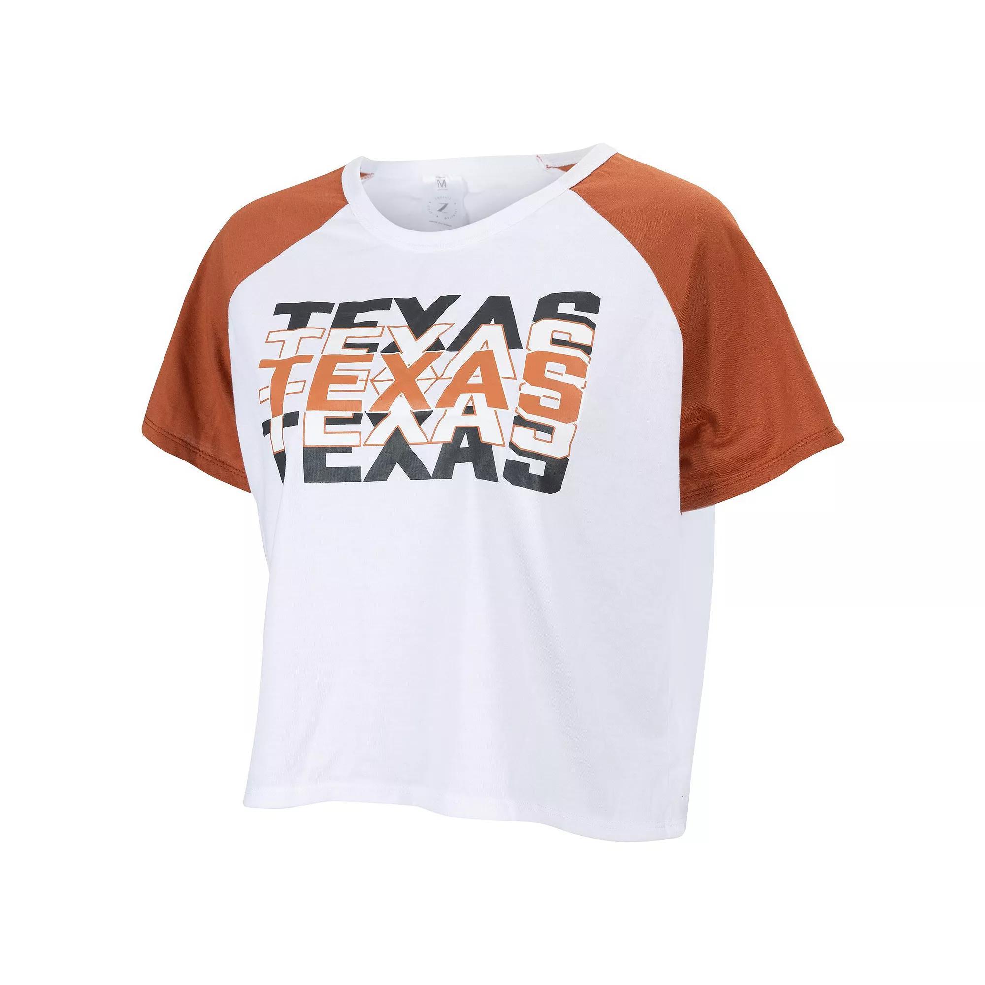 Women's ZooZatz White Texas Longhorns Colorblock Repeat Raglan Cropped T-Shirt, Size: Small Product Image