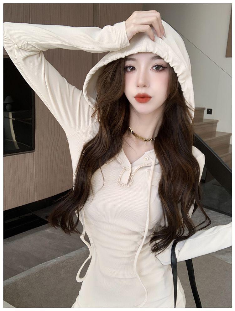 Long-Sleeve Plain Hooded Mini Sheath Dress Product Image