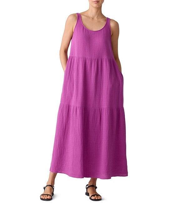 Eileen Fisher Organic Cotton Gauze Scoop Neck Sleeveless Tiered Maxi Dress Product Image