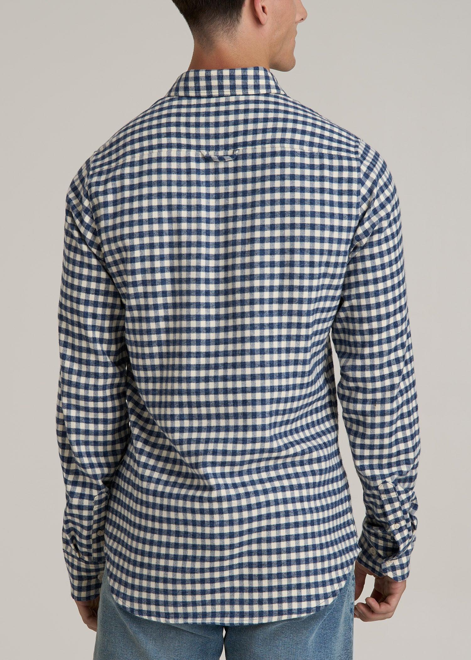 Midweight Brushed Flannel Button Shirt for Tall Men in Blue and Ecru Gingham Product Image