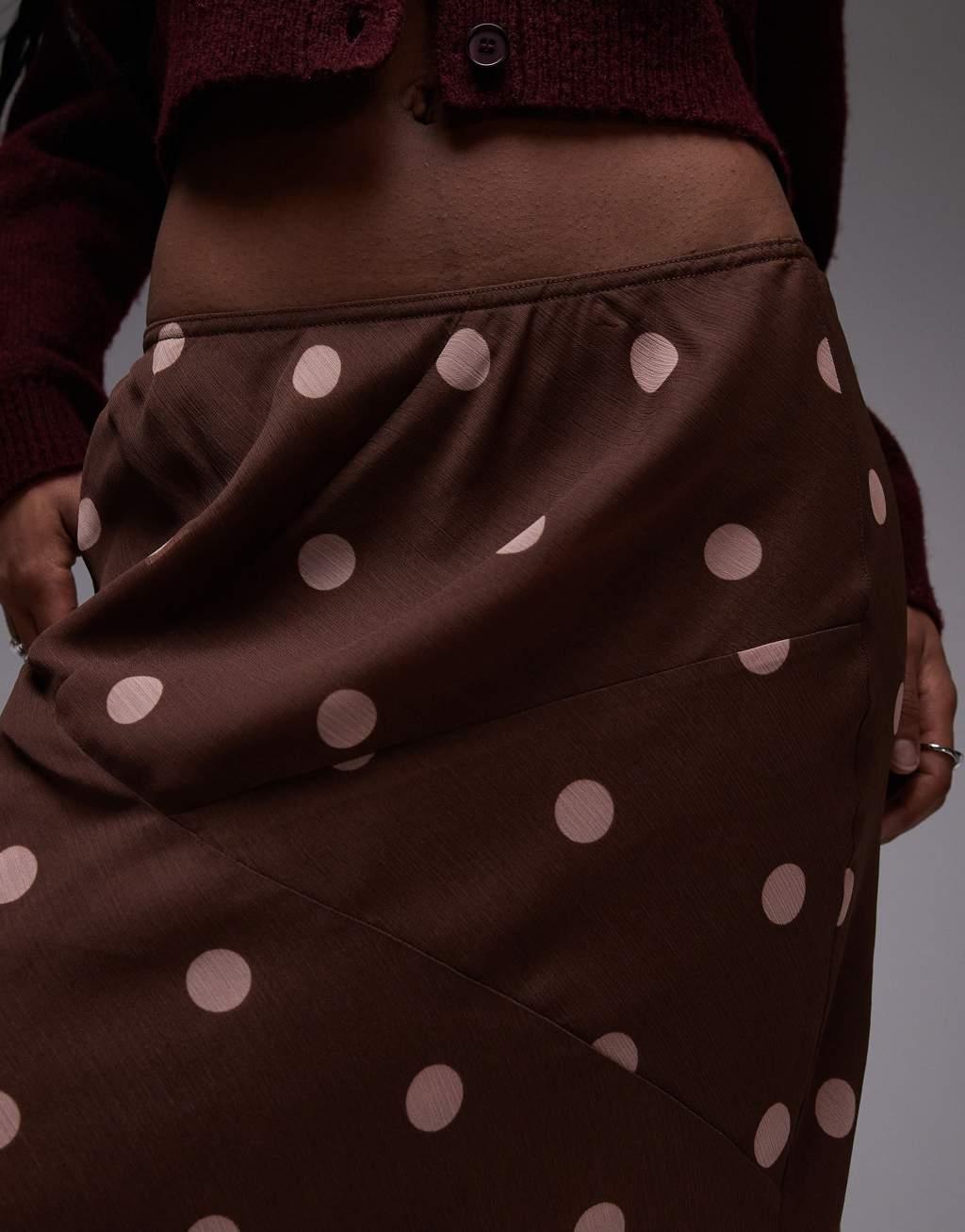 Topshop chiffon cutabout skirt in brown polka dot Product Image