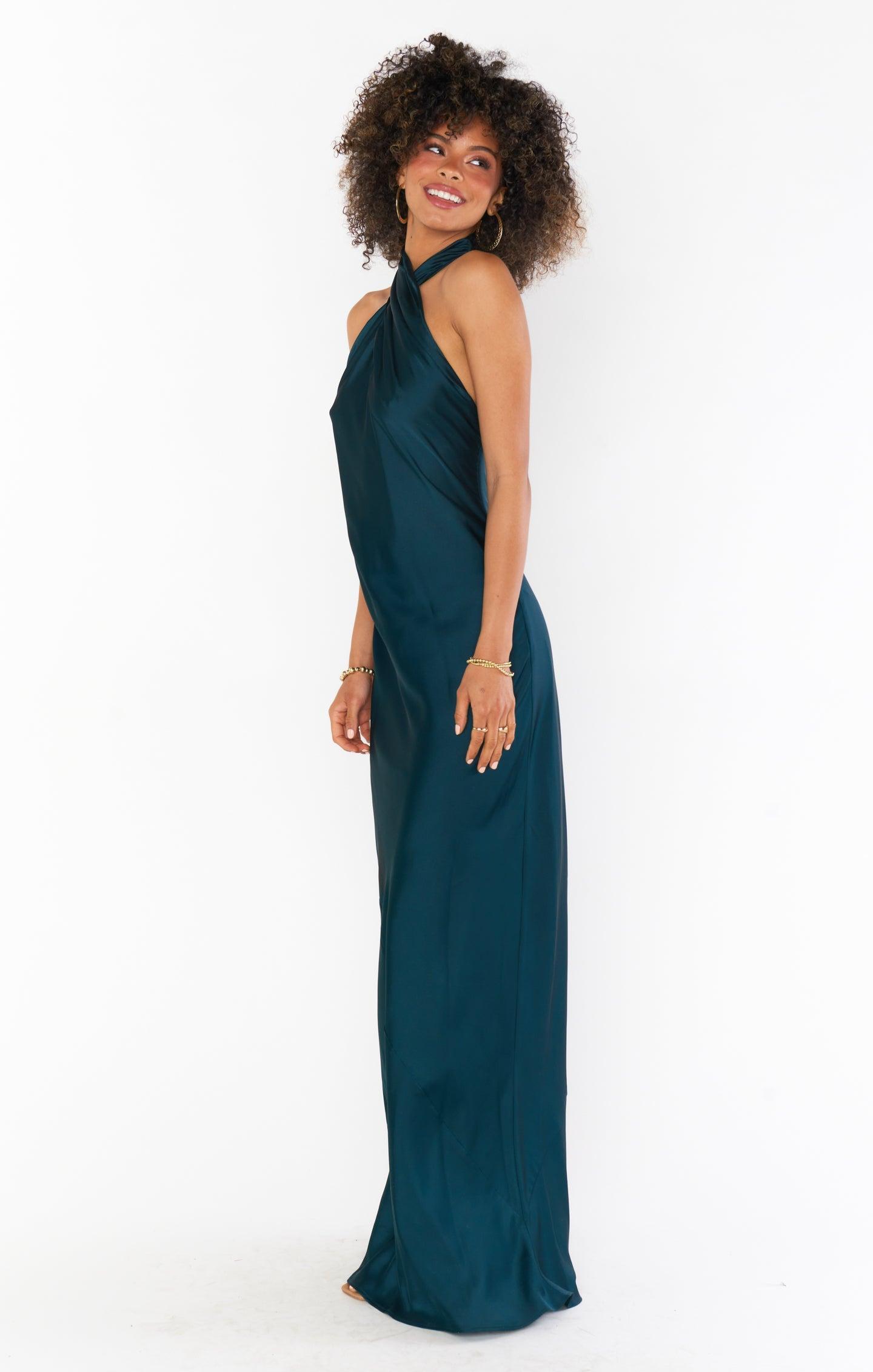 Jasmine Halter Maxi Dress ~ Deep Emerald Luxe Satin Product Image