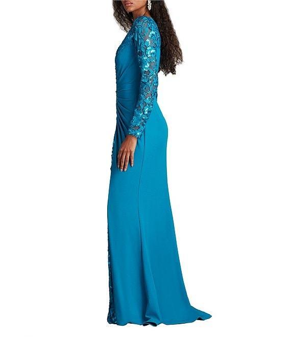 Tadashi Shoji Crepe Embroidered Sequin Boat Neck Long Sleeve Sheath Gown Product Image