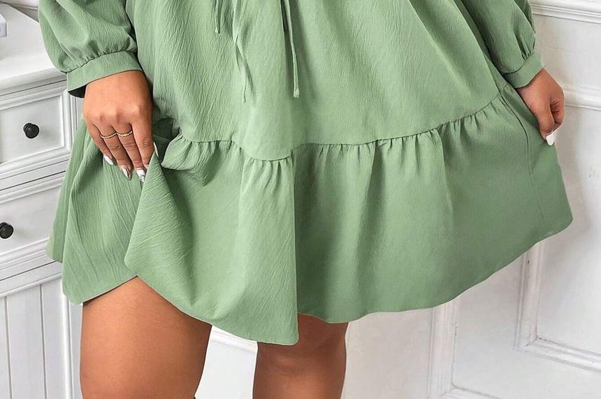 Plus Size Long-Sleeve Round Neck Plain Bow Cutout A-Line Dress Product Image