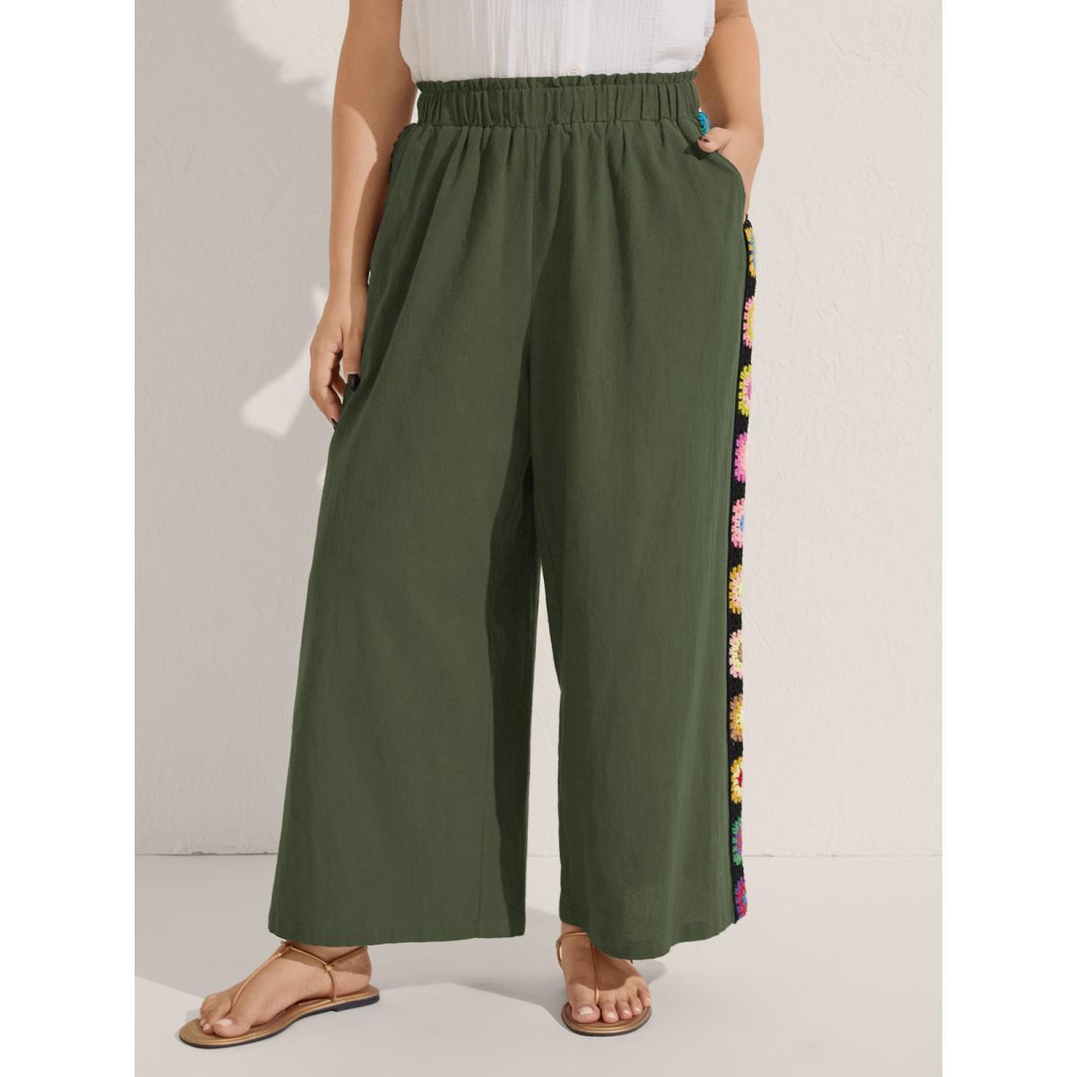 Plus Size Shirred Waist Wide-Leg Spliced Pants Women ArmyGreen Resort Wide Leg Mid Rise Vacation Pants BloomChic 26/4X Product Image
