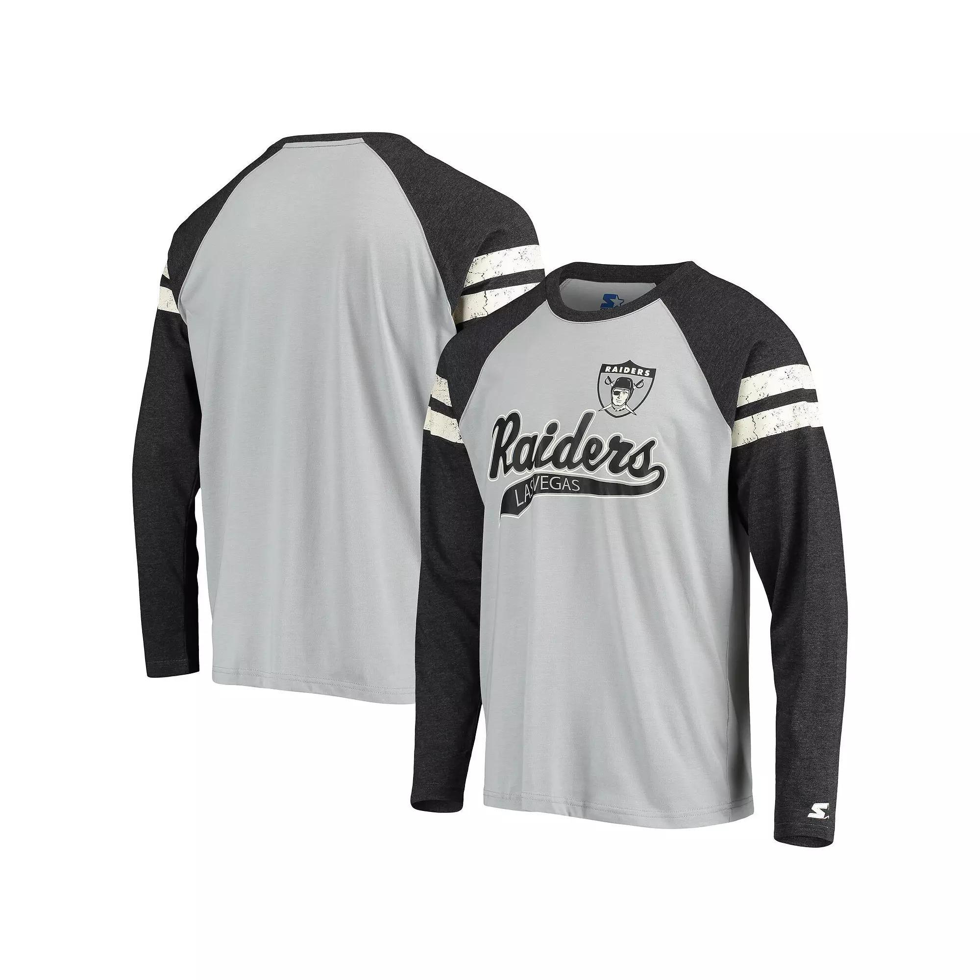 Men's Starter Silver/Black Las Vegas Raiders Throwback League Raglan Long Sleeve Tri-Blend T-Shirt, Size: Medium, Lvr Silver Product Image