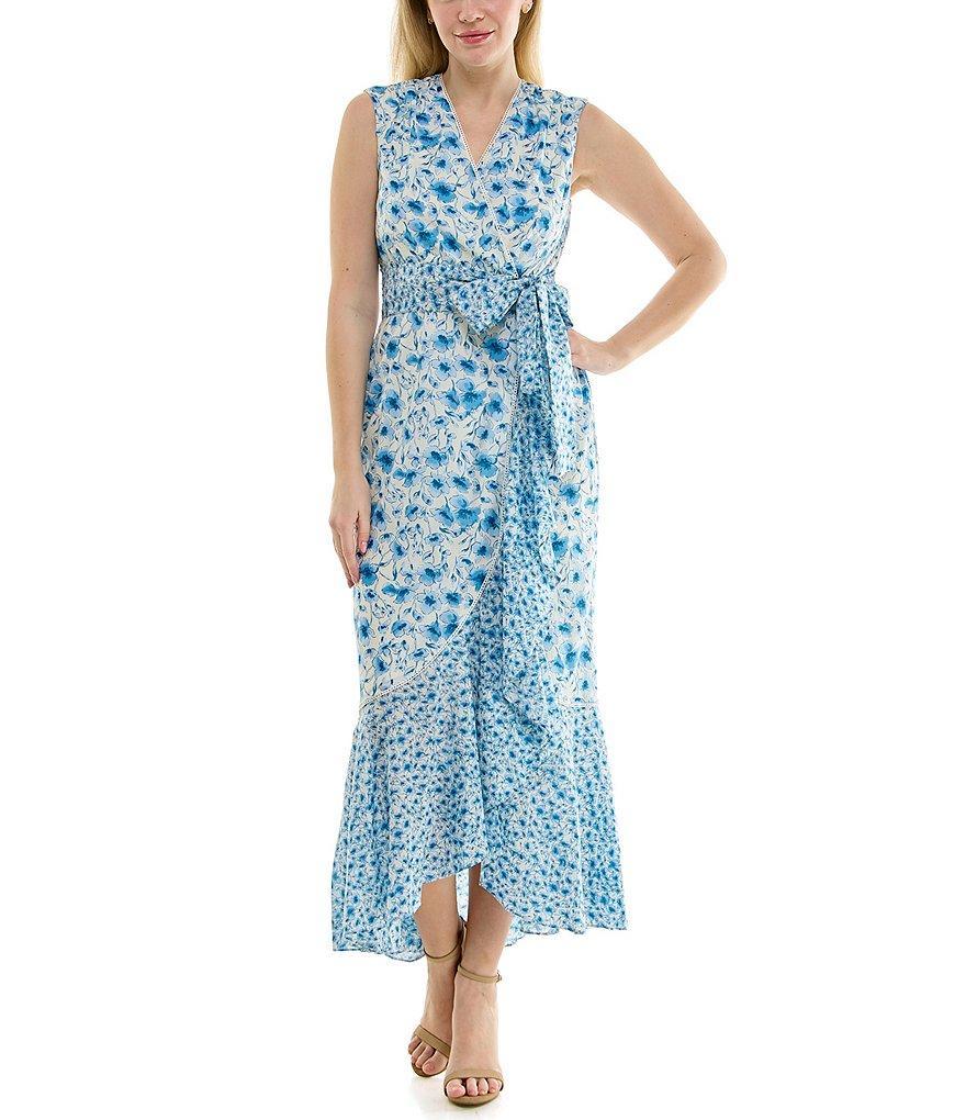 Moda Tara Sleeveless V-Neck Floral Print Wrap Dress Product Image