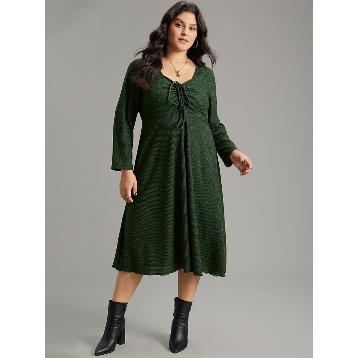 Plus Size Square Neck Solid Drawstring Rib Knit Dress DarkGreen Women Casual Plain Square Neck Long Sleeve Curvy Midi Dress BloomChic 30/6X Product Image