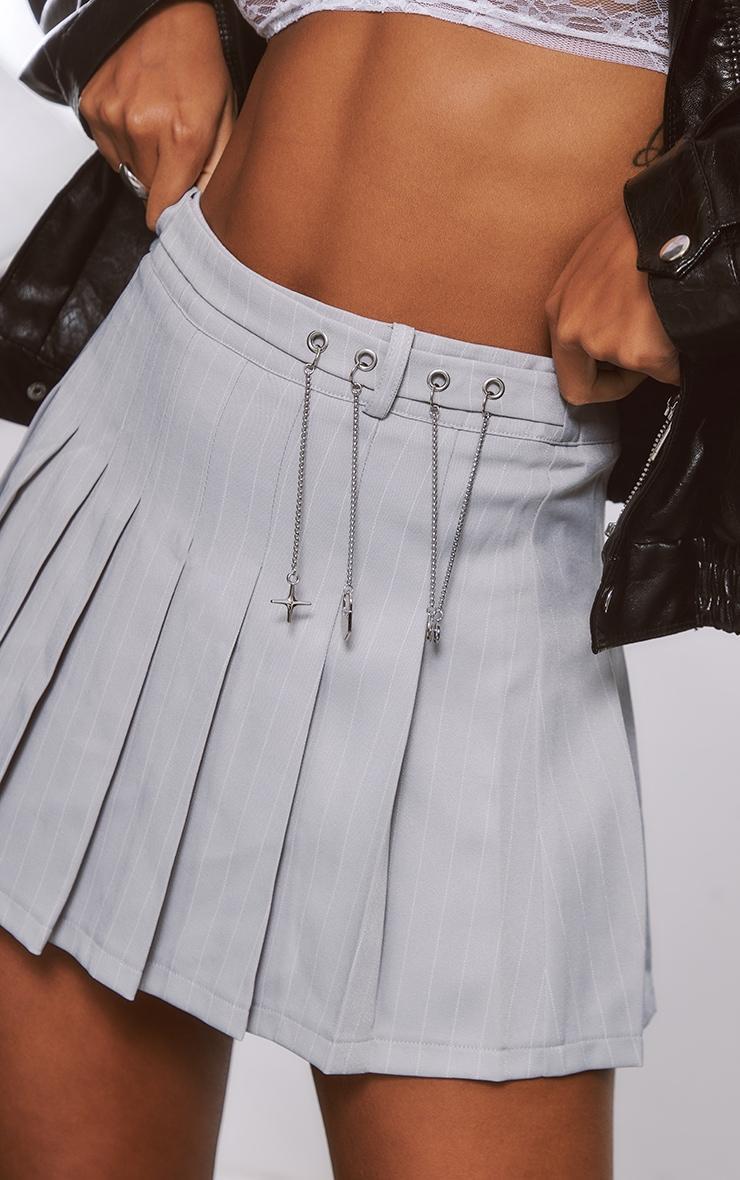 Grey Pinstripe Pleated Metal Trim Mini Skirt Product Image