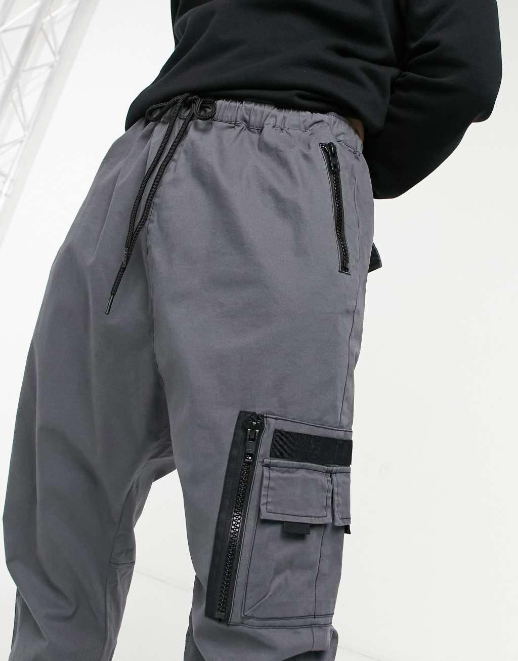 ASOS DESIGN drop crotch trousers with MA1 pocket and jersey cuff-Grey Product Image
