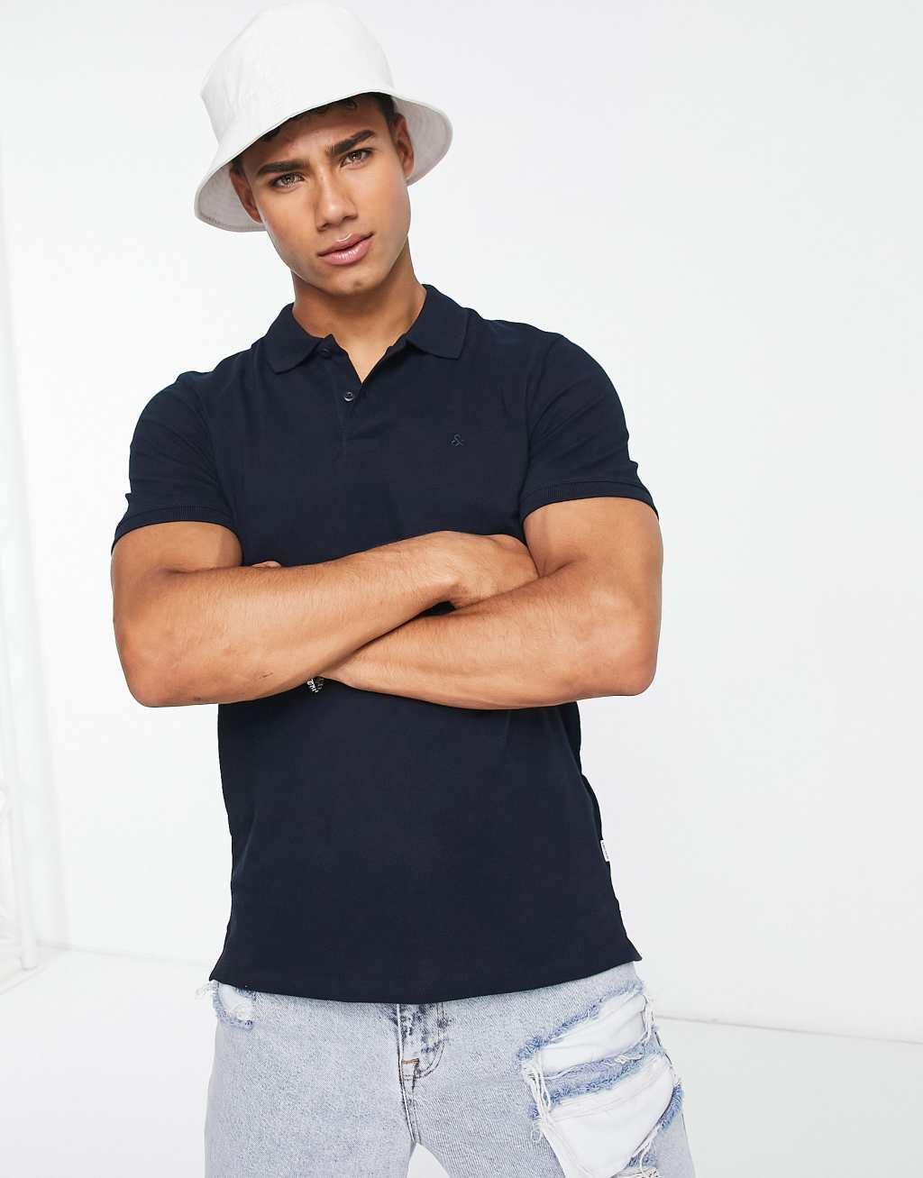 Jack & Jones Essentials slim fit pique logo polo in navy Product Image