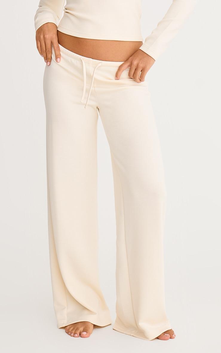Cream Premium Soft Touch Low Rise Drawstring Waist Straight Leg Pants Product Image