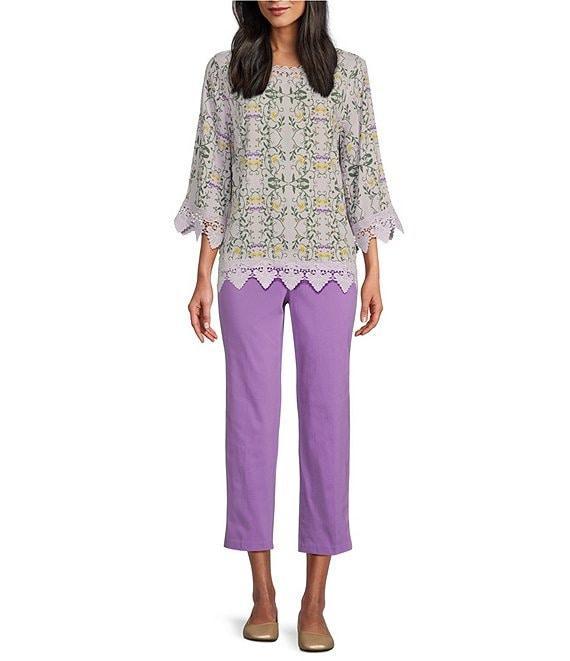 Allison Daley Trellis Floral Print 3/4 Sleeve Crew Neck Lace Detail Blouse Product Image