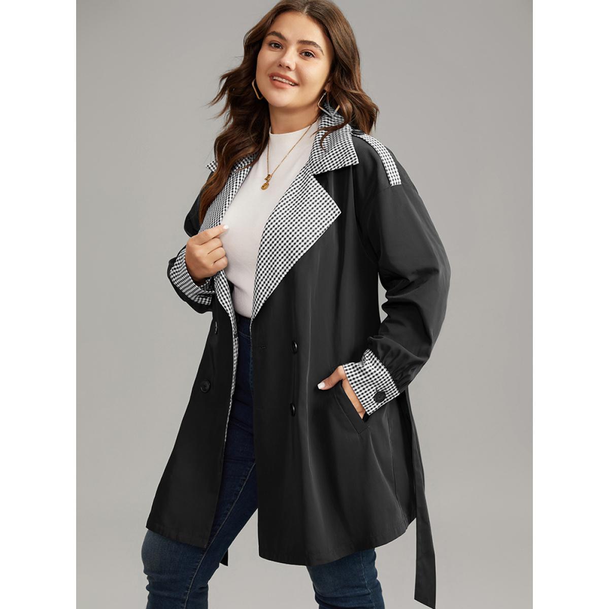 Plus Size Gingham Patchwork Belted Pocket Coat Women Black Casual Belted Ladies Dailywear Winter Coats BloomChic 14-16/1X Product Image