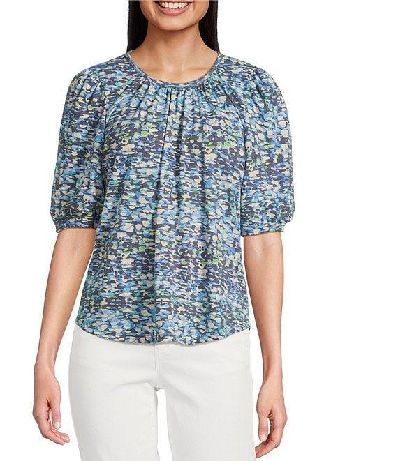 Democracy Petite Size Dotted Crew Neck Elbow Sleeve Knit Top Product Image