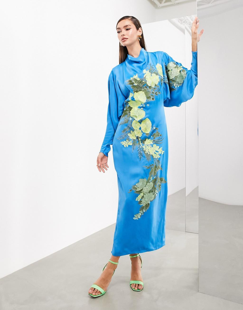 ASOS EDITION satin long sleeve embroidered midaxi dress with drawstring back Product Image
