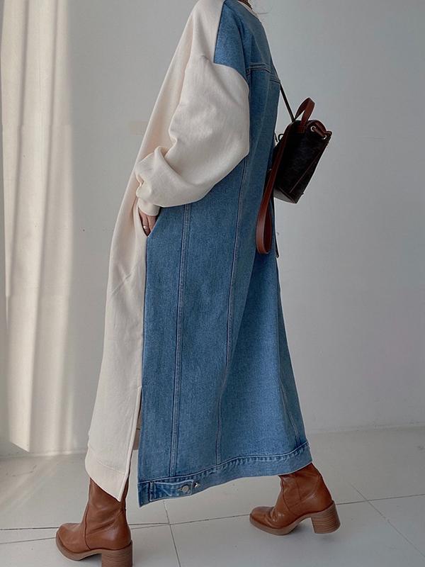 Original Loose Long Sleeves Letter Print Split-Side Split-Joint Round-Neck Midi Dresses Product Image