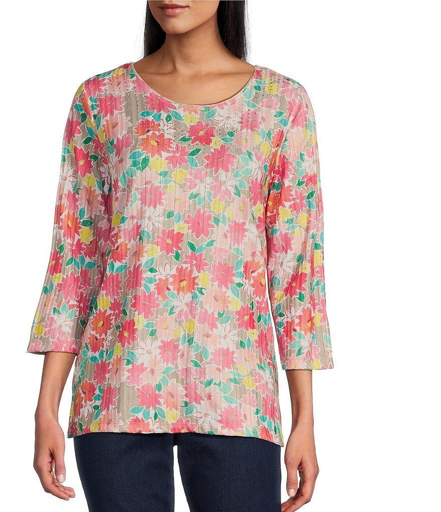 Allison Daley Embellished Cheerful Daisy Print 3/4 Sleeve Crew Neck Knit Top Product Image