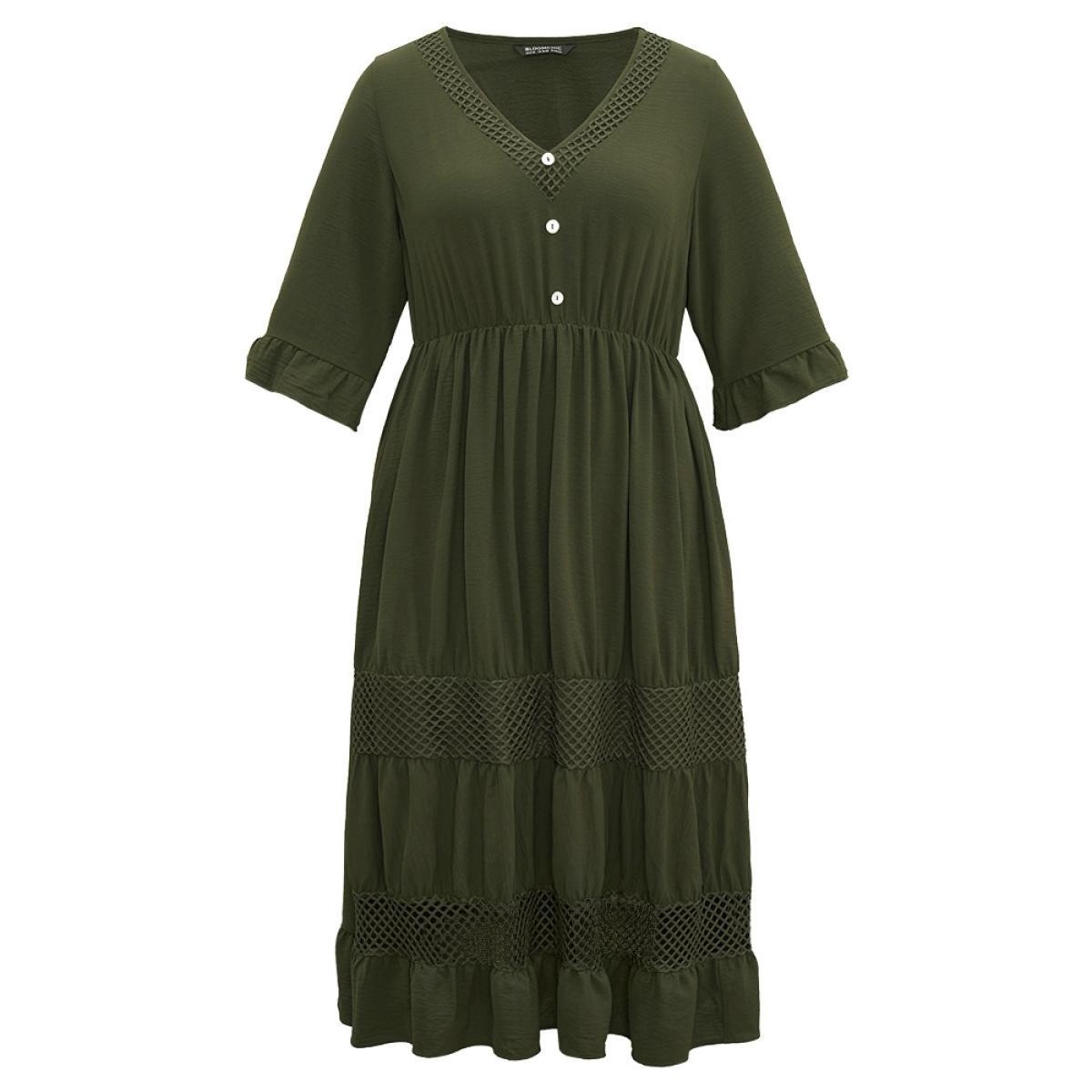 Plus Size Plain Ruffles Patchwork Button Detail Cut Out Dress ArmyGreen Women Vacation Plain V-neck Elbow-length sleeve Curvy Midi Dress BloomChic 14-16/1X Product Image