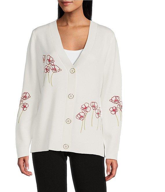 Investments Petite Size Novelty Stemmed Floral Long Sleeve Button Front Cardigan Product Image