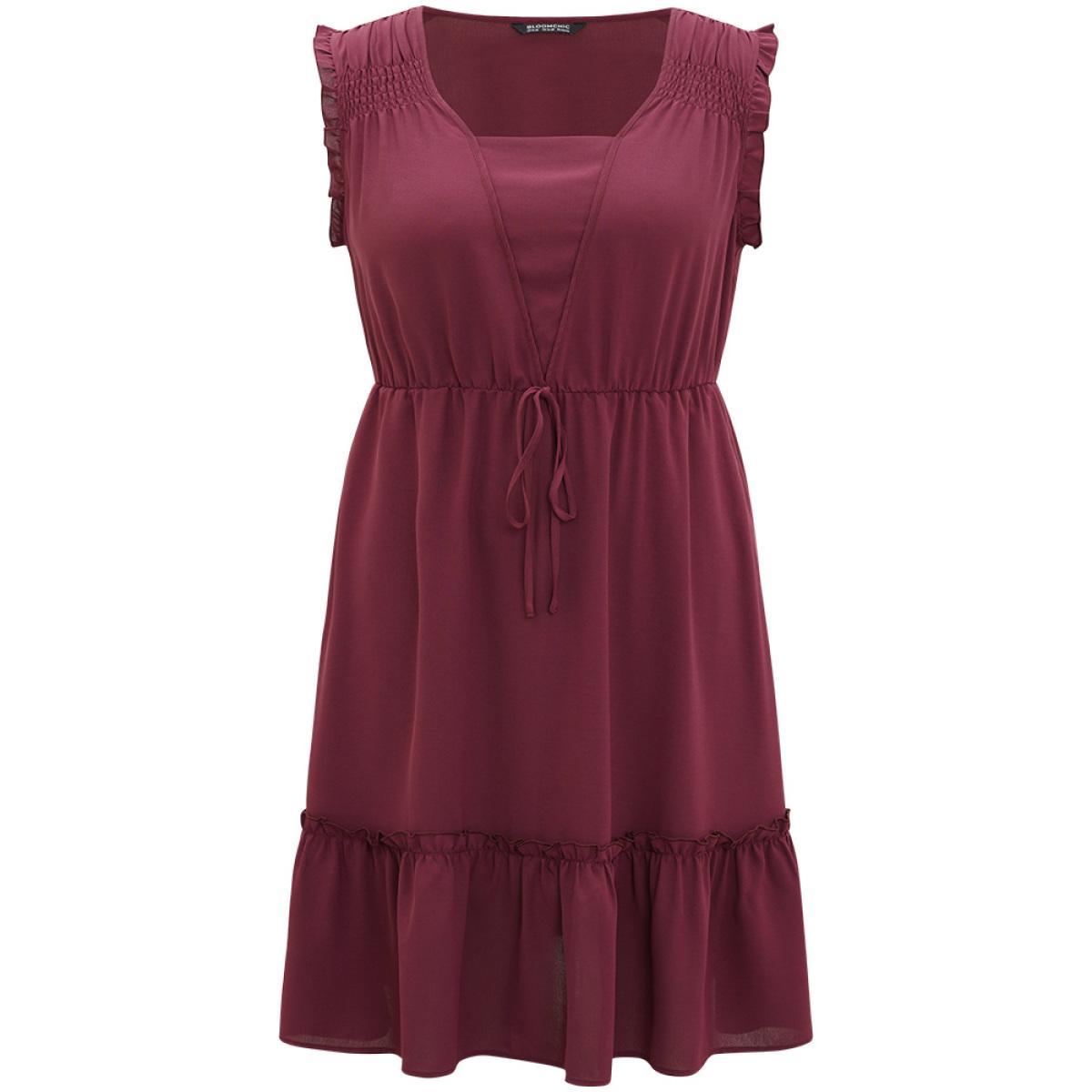 Plus Size Plain Frill Trim Gathered Ties Square Neck Tank Dress Burgundy Women Elegant Plain Square Neck Sleeveless Curvy Midi Dress BloomChic 18-20/2X Product Image