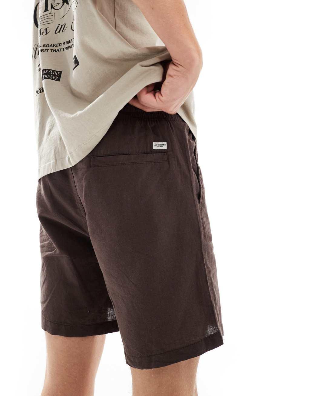 Jack & Jones linen mix pull on shorts in brown  Product Image