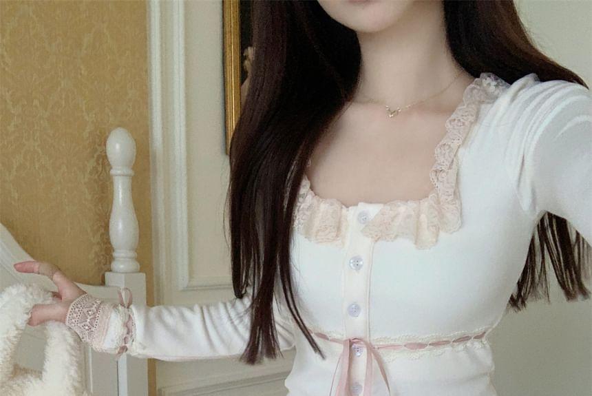 Long-Sleeve Scoop Neck Lace Trim Button-Up Crop Top / High Waist Tiered Mini A-Line Skirt / Plain Fluffy Cardigan Product Image