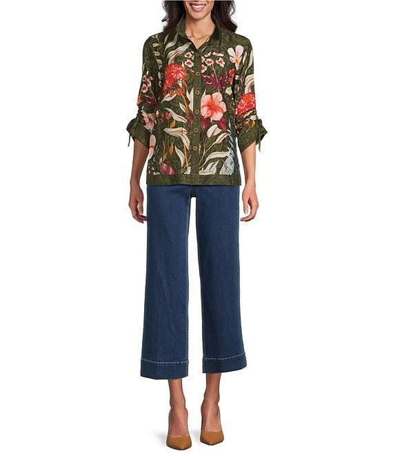 John Mark Petite Size Floral Print Woven Wire Collar 3/4 Cinched Tie Sleeves Button Front Top Product Image